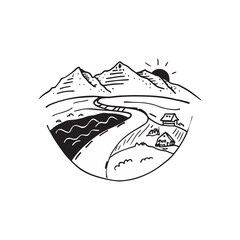 Minimalist Mountain and Sea Line Art