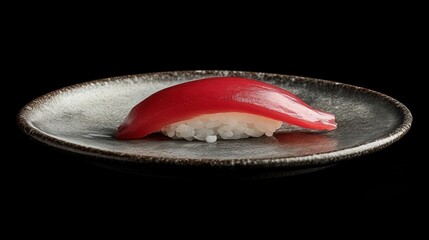 Single tuna nigiri sushi on dark plate