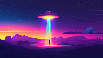 Colorful UFO Hovering Over Fantasy Landscape at Night – World UFO Day Illustration