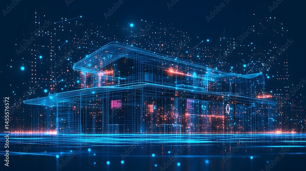 Fototapete futuristic wireframe house on digital grid. modern architecture reflected in smooth surface. abstrac