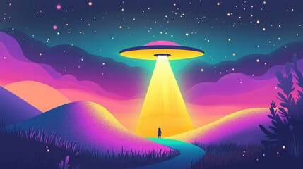 Colorful UFO Hovering Over Fantasy Landscape at Night – World UFO Day Illustration