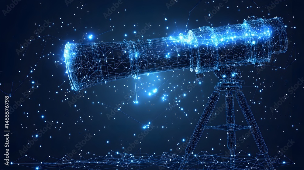 Leinwandbilder Digital telescope explores a deep blue, starlit virtual space. A fusion of modern tech and cosmic observation. Abstract Digital low-poly wireframe connected dots in dark blue.