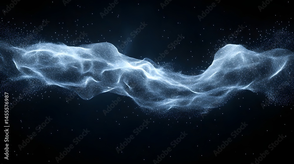 Poster Ethereal digital cloud of interconnected particles on a dark background. A dynamic and mesmerizing rendering of energy or a cosmic nebula. Abstract Digital low-poly wireframe connected dots
