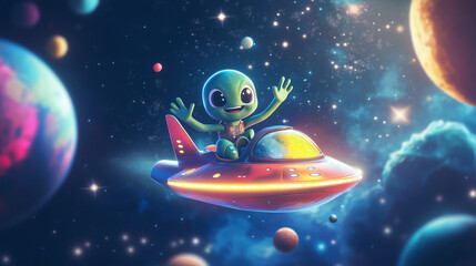 Naklejka premium Happy Alien in a UFO Surrounded by Colorful Planets – World UFO Day Artwork