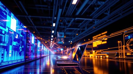 Fototapeta premium Neon-lit Data Center: Laptops and Futuristic Displays