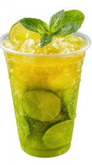 Refreshing lime drink with mint and ice in a plastic cup for a summer day refreshment