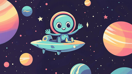 Happy Alien in a UFO Surrounded by Colorful Planets – World UFO Day Artwork