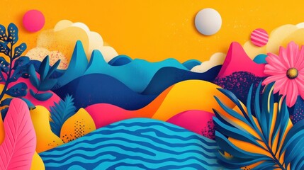 Colorful paper cutout landscape with tropical plants