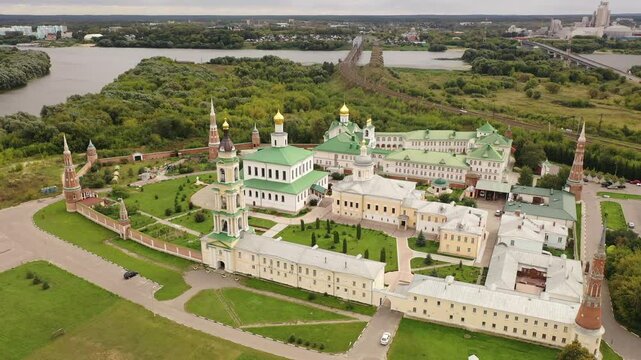 Drone view of the Epiphany Staro-Golutvin Monastery, located in a picturesque place on the outskirts of the city of Kolomna, Russia.