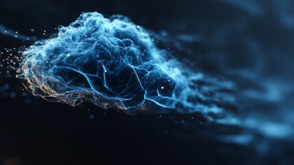 Abstract blue cloud with glowing links, floating in darkness, symbolizing futuristic connectivity and innovation.
