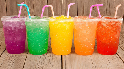 Colorful iced drinks in plastic cups on wooden background, perfect for summer refreshment menu