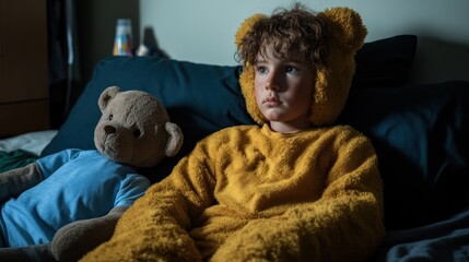 Child in yellow onesie with teddy bear peaceful nighttime scene