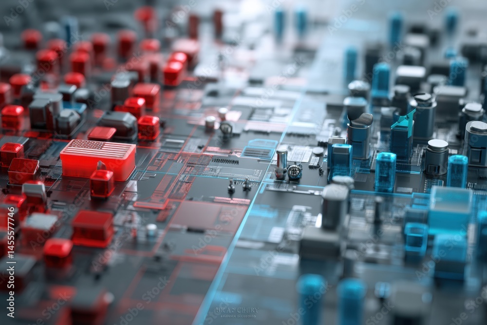Poster Futuristic Digital Battle Between US and China Chip Technologies on a Hyperrealistic 3D Battlefield Generative AI