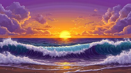 Beautiful sunset painting featuring ocean waves under a colorful sky