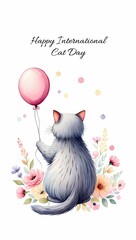 Cute Cat Holding Balloon Watercolor Floral International Cat Day Greeting Card Design