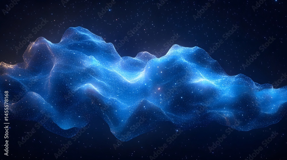 Poster Blue, net-like structure with interconnected points against a cosmic background of bright stars. Abstract Digital low-poly wireframe connected dots in dark blue.