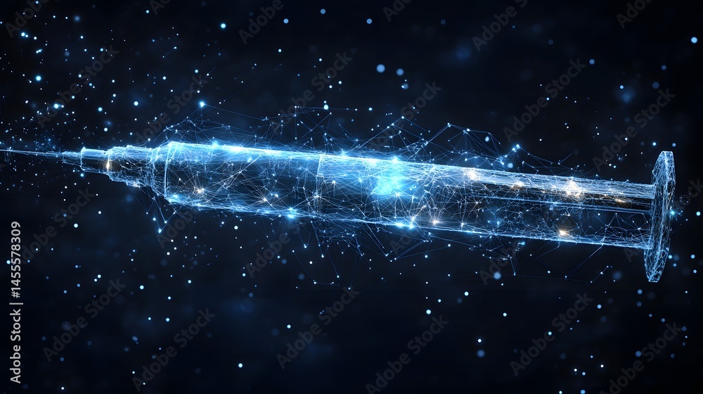 Aufkleber futuristic syringe design against a dark, starry backdrop. evokes innovation and advanced medical te