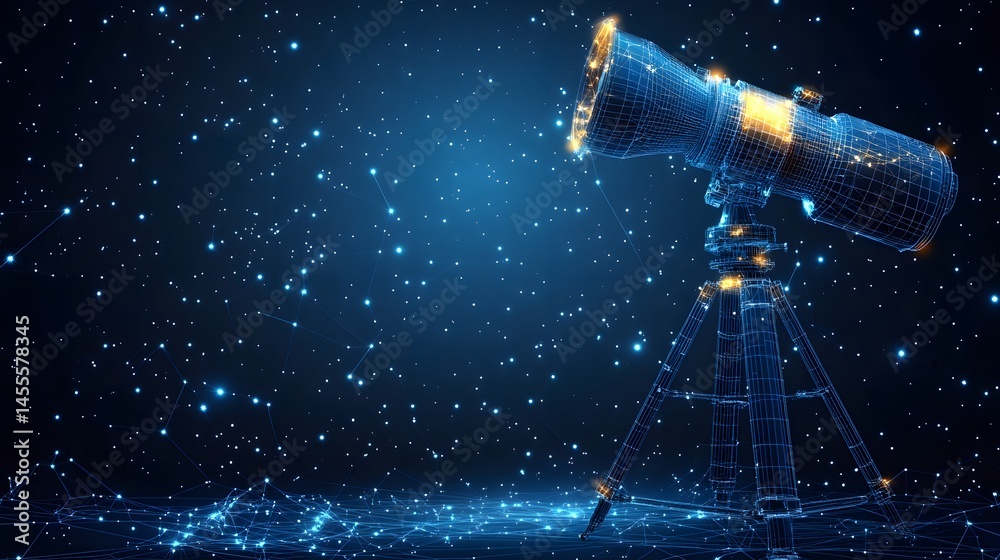 Poster Futuristic wireframe telescope against a starry network backdrop. Digital astronomy merges with virtual reality, hinting at interconnected data. Abstract Digital low-poly wireframe connected dots