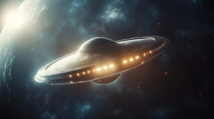 World UFO Day Concept - Futuristic UFO Flying in Deep Space with Glowing Lights