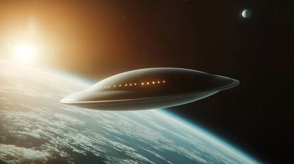 Obraz premium World UFO Day Concept - Futuristic UFO Flying in Deep Space with Glowing Lights