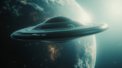 World UFO Day Concept - Futuristic UFO Flying in Deep Space with Glowing Lights