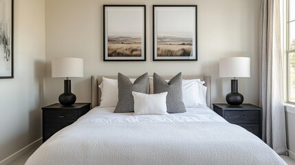 A stylish, contemporary bedroom with a narrow black frame above the bed, featuring an artistic landscape that enhances the space.