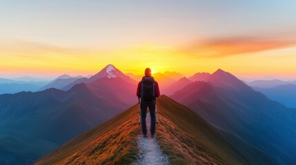 Fototapeta premium Adventurer Overlooking Mountain Range at Sunrise in Majestic Landscape