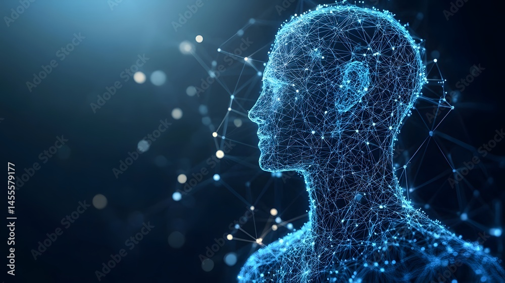 Poster futuristic glowing blue digital human. represents ai, neural networks, or digital identity. abstract