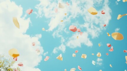 Pastel petals falling on blue sky with clouds background