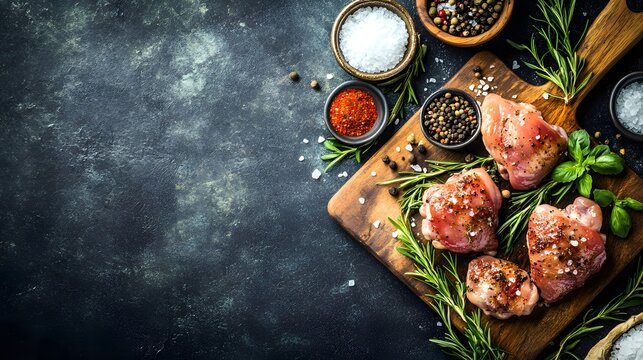 Raw chicken pieces with herbs and spices on a wooden board.