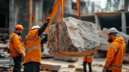 Construction Site: Workers Lifting a Large Stone Block