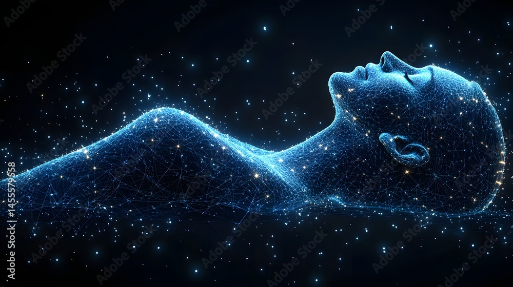 Poster futuristic figure made of glowing lines and dots, reclining in a dark, starry space. represents ai, 