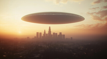 Fototapeta premium Massive UFO Hovering Over City at Sunset – World UFO Day Concept Art