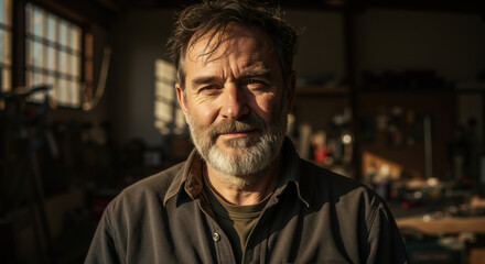 Obraz premium Portrait of mature craftsman with beard in workshop with warm golden sunlight. Experienced artisan for handcrafted woodworking and traditional craftsmanship in small business