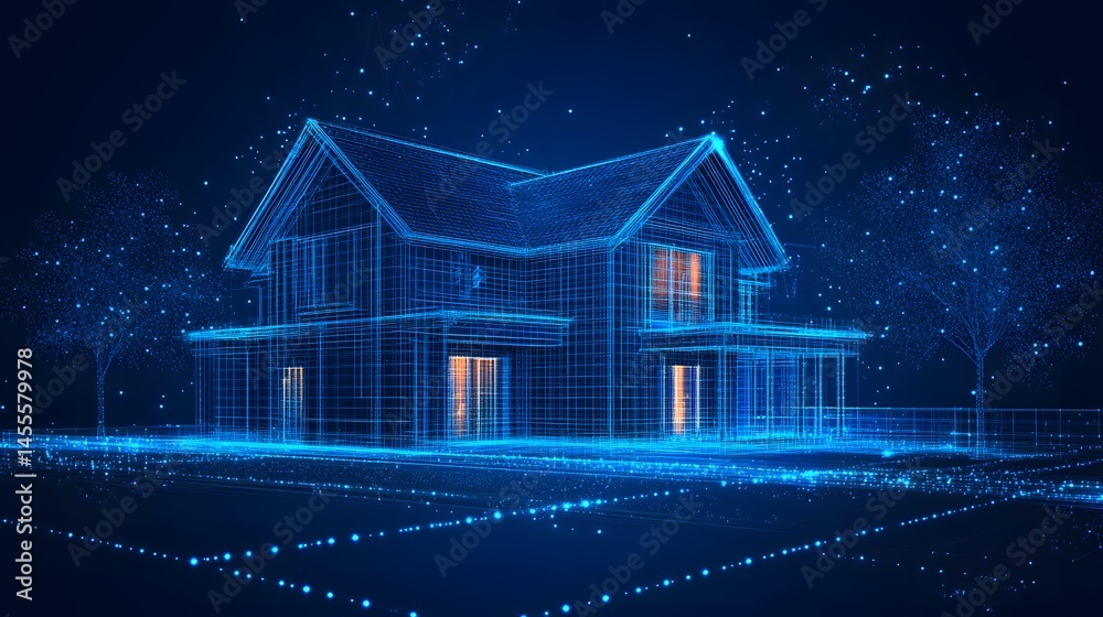 Aufkleber a luminous blue wireframe house stands nestled between two stylized trees, radiating light against a