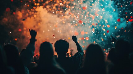Silhouetted crowd enjoying vibrant nighttime event with fireworks and confetti