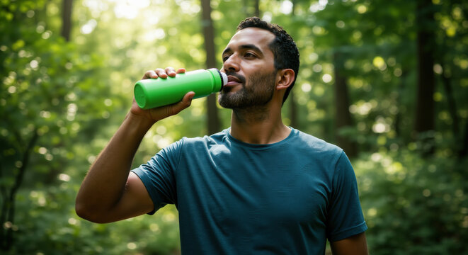 Man drinking from green reusable water bottle in lush forest with sunlight filtering through trees. Hydration during outdoor activities for healthy lifestyle