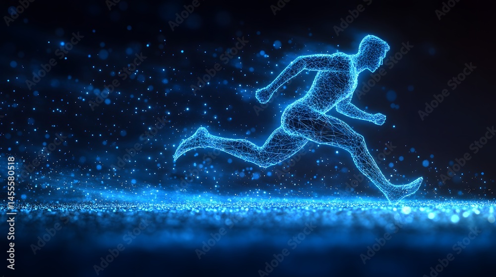Leinwandbilder Dynamic runner, a digital avatar sprints through a particle-filled space. Energy and motion captured in blue wireframe. Abstract Digital low-poly wireframe connected dots in dark blue