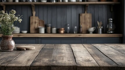 Empty rustic kitchen table with wildflowers