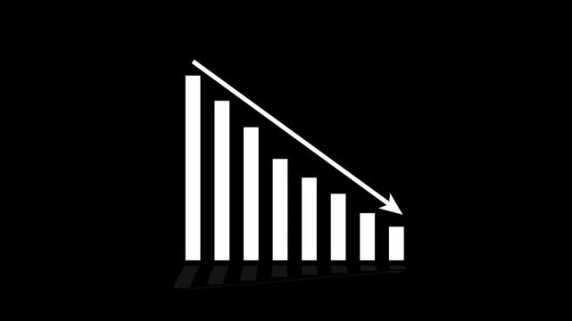 Animation of down business graph icon. business or finance loss concept icon ,Animated downward statistical curve with a loss sign.cyan color business graph,cyan grid line and Black background .
