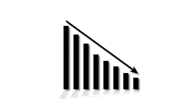 Animation of down business graph icon. business or finance loss concept icon ,Animated downward statistical curve with a loss sign.cyan color business graph,cyan grid line and white background .