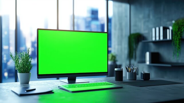 A tech professional’s desk with a laptop, an ultra-wide monitor, and a green screen chroma key display.