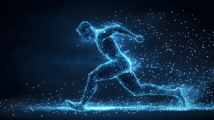 Dynamic blue wireframe runner. A futuristic representation of speed and technology. Energy radiates from the figure. Abstract Digital low-poly wireframe connected dots in dark blue.