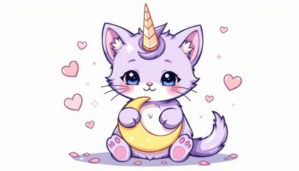 Obraz premium A doodle style evolved kitten with lavender fur and sparkling crystal horns like a baby unicorn. It sits cutely while holding a glowing crescent moon with both paws