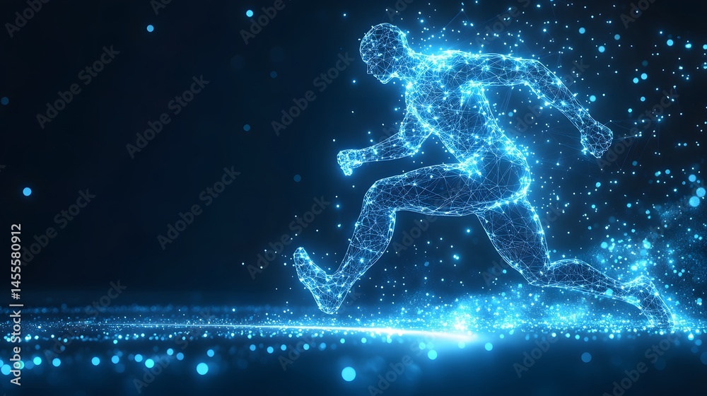 Aufkleber Dynamic runner visualized as a glowing blue network of lines and points, streaking across a dark backdrop. Abstract Digital low-poly wireframe connected dots in dark blue.