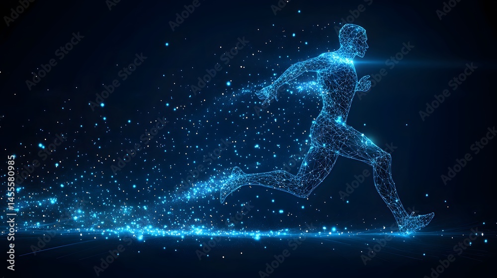 Poster Futuristic runner bursts from the digital night. A powerful visualization of speed and connectivity in dynamic motion. Abstract Digital low-poly wireframe connected dots in dark blue.