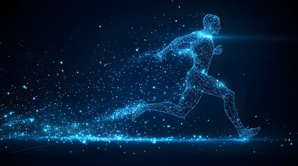 Fototapeta premium Futuristic runner bursts from the digital night. A powerful visualization of speed and connectivity in dynamic motion. Abstract Digital low-poly wireframe connected dots in dark blue.