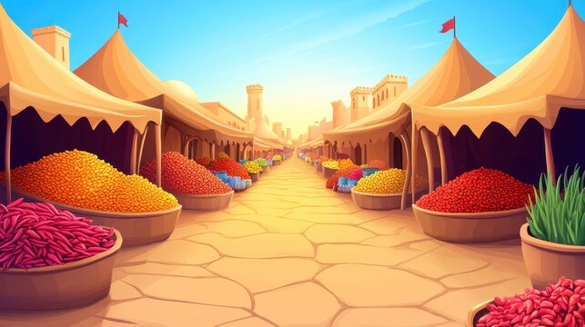 Colorful marketplace scene with tented stalls and vibrant produce creates an immersive visual experience in a bustling oriental environment