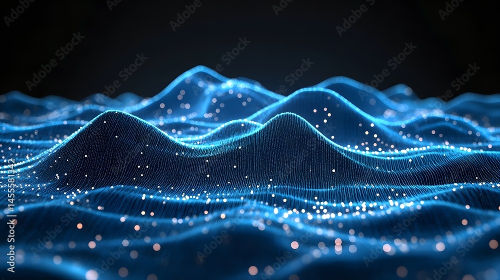 Poster futuristic digital landscape with wavy, blue, undulating terrain and glowing particles against a dar