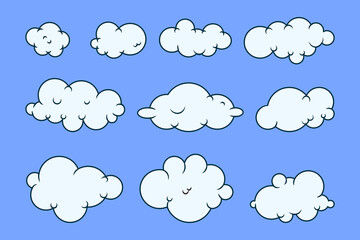 set of handdrawn cartoon cloudwith black outline for flat design
